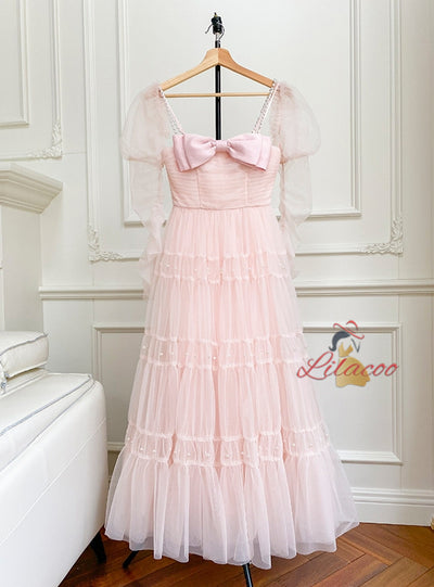 Pink Tulle Long Sleeve Pleats Pearls Prom Dress