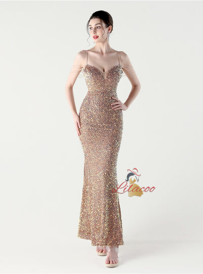 Mermaid Sequins Spaghetti Straps Beading Prom Dress