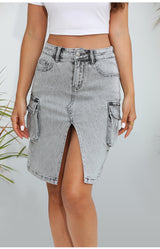Front Split White High Waist Denim Skirt