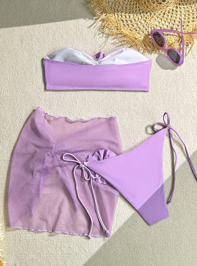 Three-piece Three-dimensional Flower Strap Beach Swimsuit