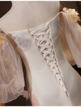 Light Champagne Puff Sleeve Flower Wedding Dress