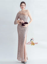 One Shoulder Long Sleeve Split Prom Dress