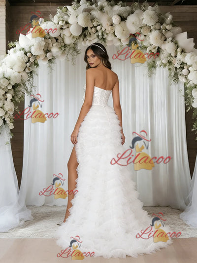 White Tulle Strapless Split Wedding Dress
