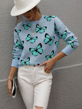 Printed Butterfly Round Neck Loose Sweater
