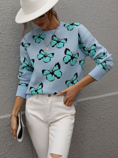 Printed Butterfly Round Neck Loose Sweater