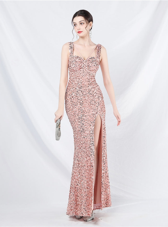 Sequins Split Straps Sleeveless Prom Dress