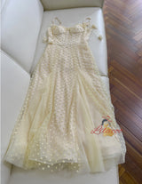 Yellow Straps Embroidery Prom Dress
