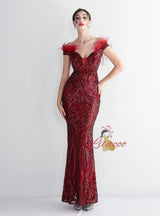 Mermaid Sequins Off the Shoulder Feather Prom Dress