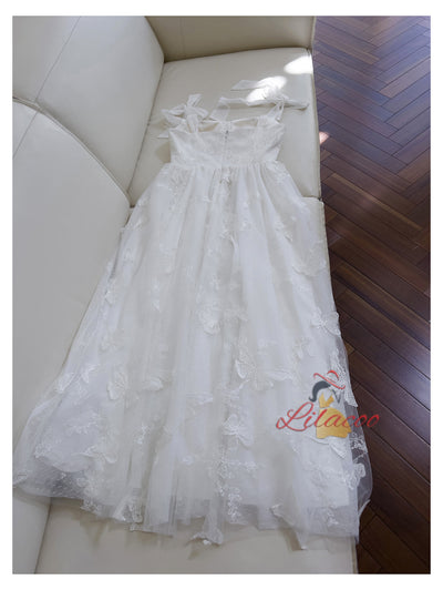White Gauze Sling Bow Dress