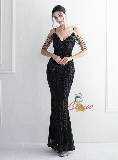 Sequins Mermaid Spaghetti Straps Beading Prom Dress