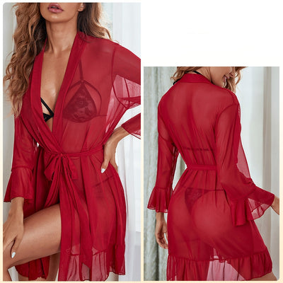 Mesh Perspective Ruffled Nightgown Pajamas