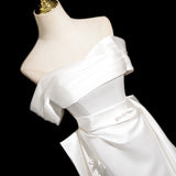 White Satin Pleats Bow Wedding Dress