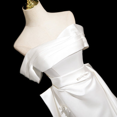 White Satin Pleats Bow Wedding Dress