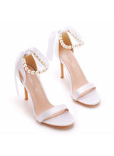 Ribbon Satin Beaded High-heeled Sandals