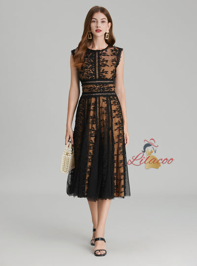 Round Neck Sleeveless Lace Gauze Dress