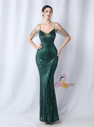 Mermaid Sequins Beading Spaghetti Straps Prom Dress