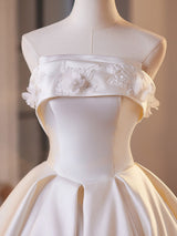Ivory Satin Strapless Appliques Wedding Dress