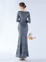 Long Sleeve Mermaid Sequins Split Prom Dress