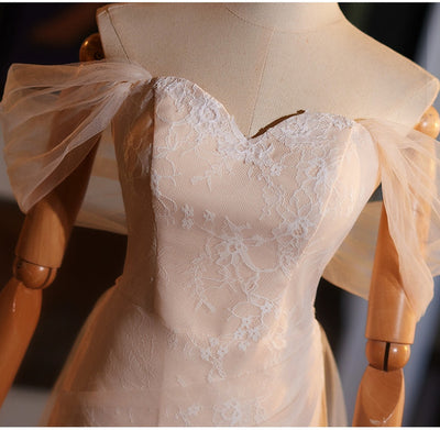 Champagne Tulle Lace Split Wedding Dress