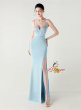 Spaghetti Straps Split Beading Prom Dress
