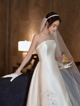 Ivory Satin Strapless Sequins Wedding Dress