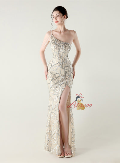 Mermaid Sequins One Shoulder Split Beading Prom Dress