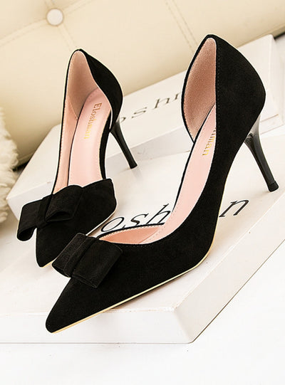 Shallow-mouthed Pointed Suede Bow Shoes