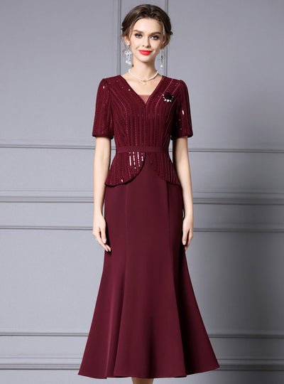 Apricot Short Sleeve Sequins Mother Of The Bride Dress