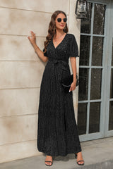 V-neck High Waist Split Short Sleeve Dress