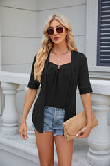 Solid Color Stitching Button Short Sleeve T-shirt