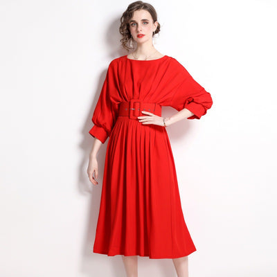 Bat Sleeve High Waist Pleated Dress with Belt