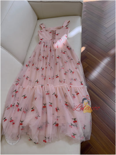 Pink Tulle Embroidered Slim Gauze Dress