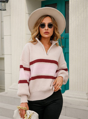 Women Zipper Lapel Sweater