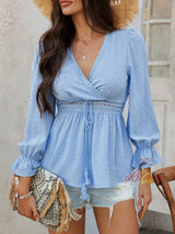 Casual V-neck Solid Color Lace-up Shirt