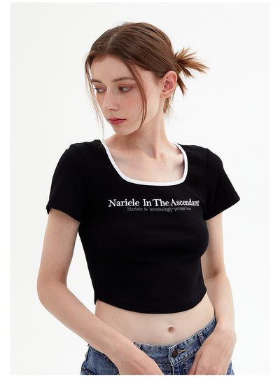 Square Collar Letter Short Sleeve T-shirt