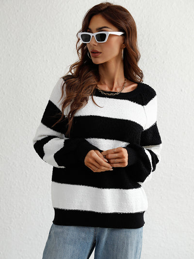Spliced Striped Pullover Loose Sweater