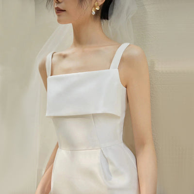 White Satin Spaghetti Straps Wedding Dress