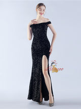 Sequins Off the Shoulder Split Prom Dress