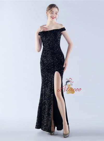 Sequins Off the Shoulder Split Prom Dress
