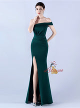 One Shoulder Pleats Split Prom Dress