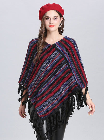 Fringed Diagonal Striped Cloak Shawl