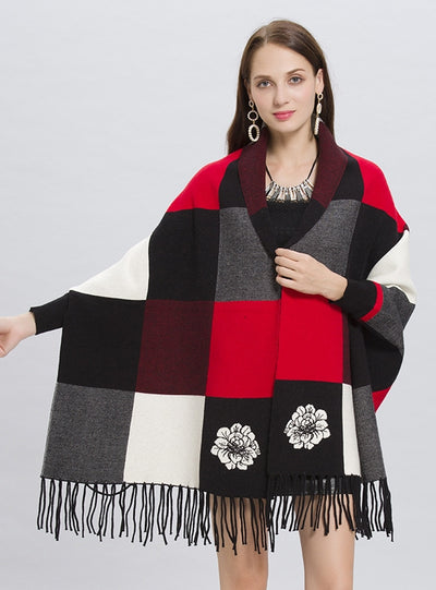 Plaid Fringed Knit Cardigan Shawl