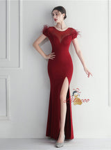 Blue Scoop Neck Split Feather Prom Dress