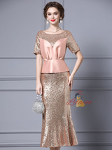 Burgundy Sequins Short Sleeve Mother Of The Bride Dress