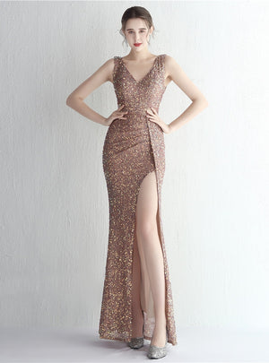 V-neck Mermaid Sequins Split Prom Dress