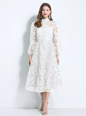Hollow Crocheted Lace Shirt+High Waist Skirt