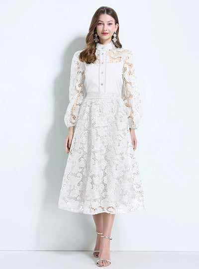 Hollow Crocheted Lace Shirt+High Waist Skirt