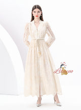 V-neck Lace Single-breasted Long Dress