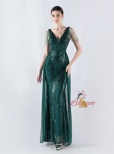 V-neck Tulle Sequins Beading Prom Dress