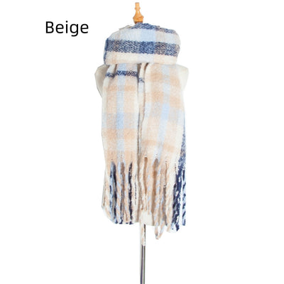 Polyester Plaid Tassel Padded Shawl Scarf